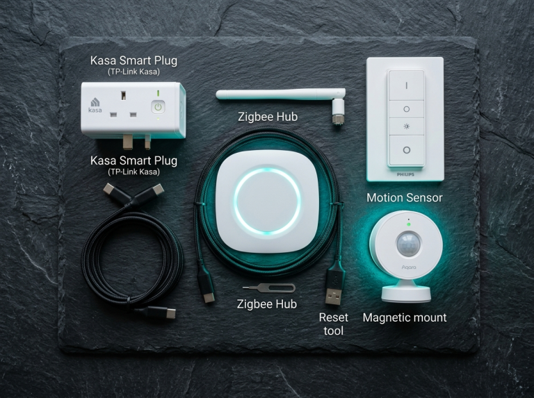 Smart home accessories including smart plug and sensors on dark surface