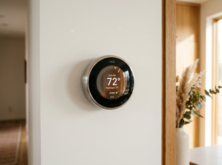 Google Nest Learning Thermostat mounted on a clean white wall